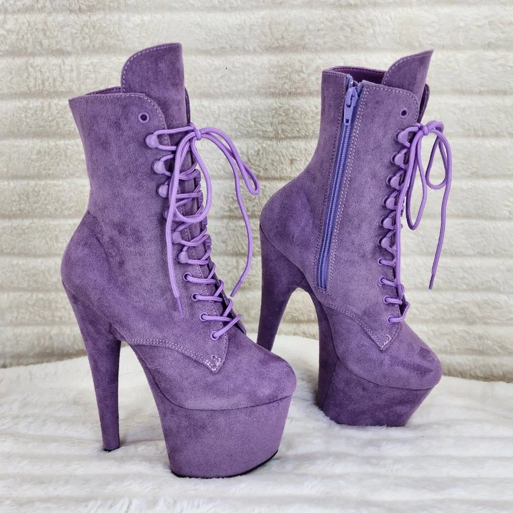 Lavender Lilac Purple Faux Suede Platform 7" Heel Lace Up Ankle Boots